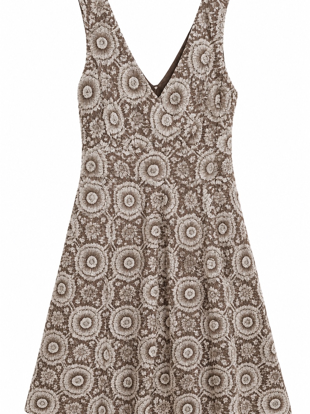 Boho Crochet Lace Print Sleeveless Dress | Neutral Cottagecore Summer Mini Dress - Picture 2 of 7